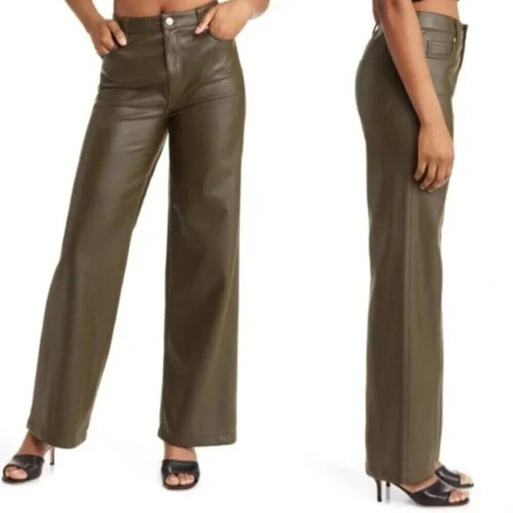Blank NYC Free People Womens 25 Green Faux Leather Rib Cage Wide Leg Pants NWT